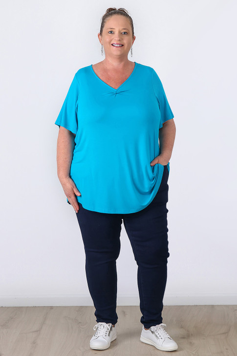 Plus Size Pinched V Neck Top In Aqua in Sizes 18 to 32