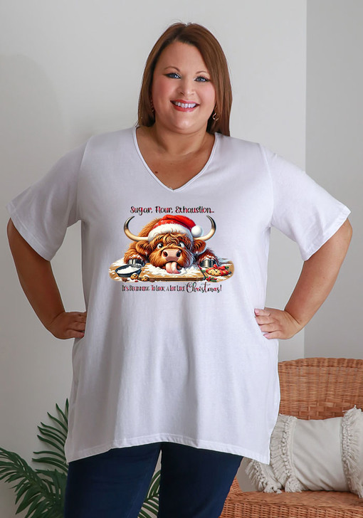 Plus Size Christmas Cotton Side Splits Tee In White