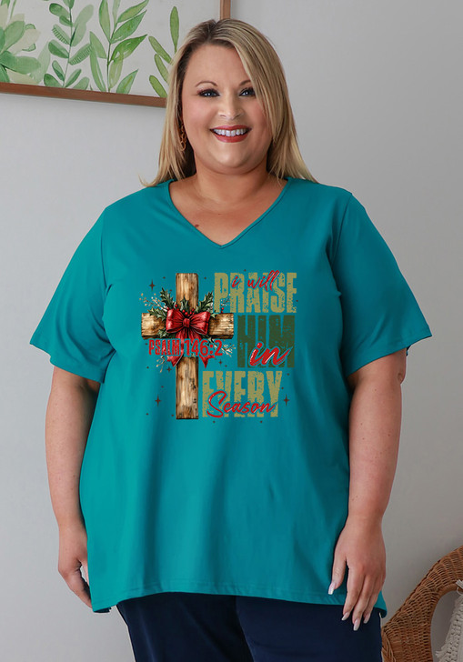 Plus Size Christmas Cotton Side Splits Tee In Turquoise 