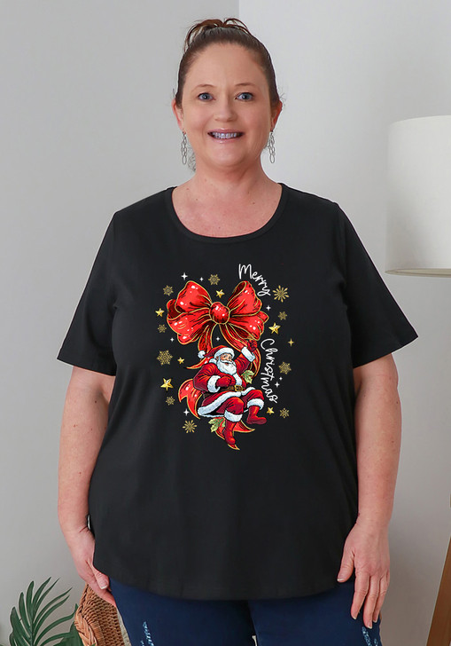 Plus Size Christmas Cotton Round Neck Everyday Tee In Black