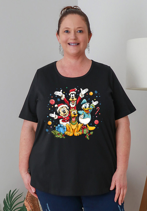 Plus Size Christmas Cotton Round Neck Everyday Tee In Black