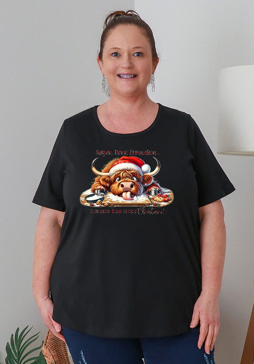 Plus Size Fun Christmas Cotton Round Neck Tee In Black