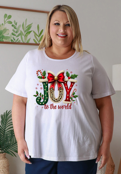 Plus Size Joy to the World Cotton Round Neck White Tee