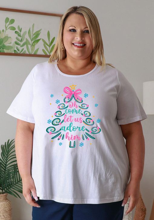 Plus Size Christmas Cotton Round Neck White Tee