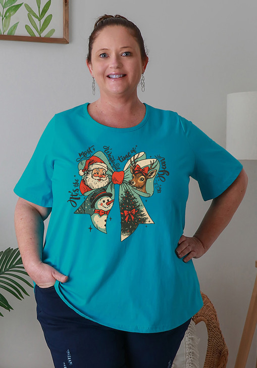 Plus Size Christmas Cotton Round Neck Everyday Tee In Blue