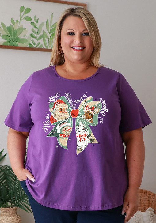 Plus Size Christmas Cotton Purple Tee