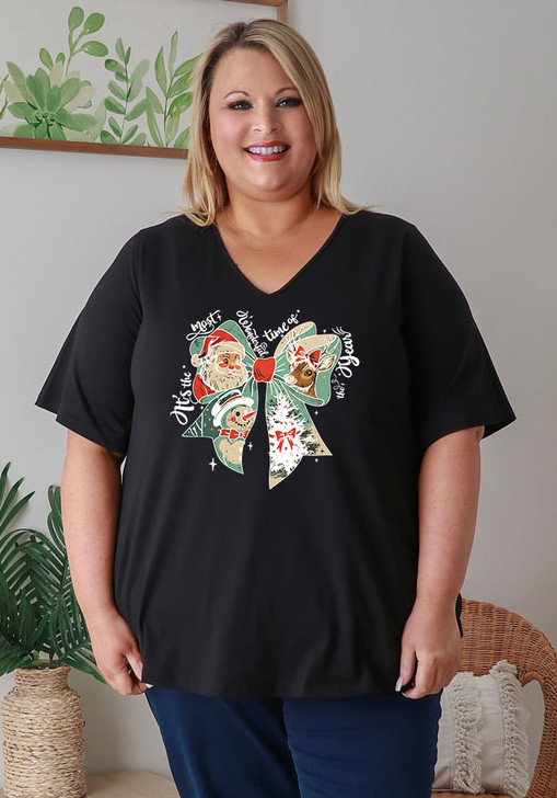 Plus Size Christmas Cotton V Neck Curved Hem Tee In Black