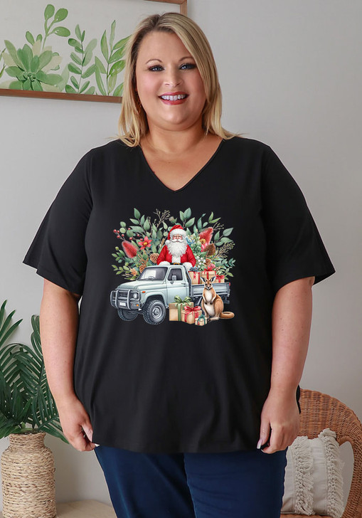 Plus Size Christmas Cotton V Neck Curved Hem Tee In Black