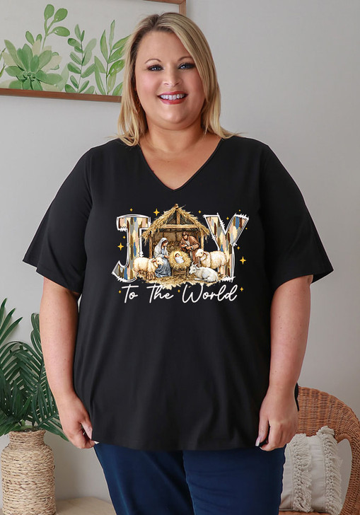 Plus Size Christmas Nativity Black Cotton Tee