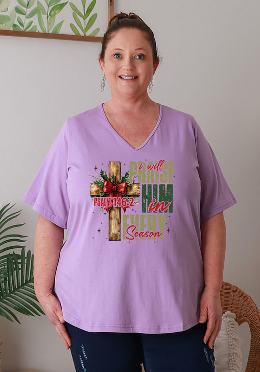Plus Size Christmas V Neck Curved Hem Tee In Lilac