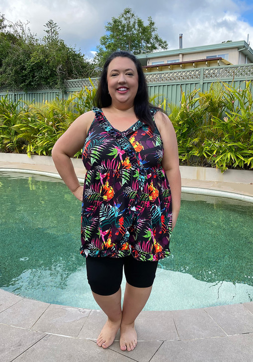 Plus Size Sleeveless Swim Dress In Palm Leaf Colour