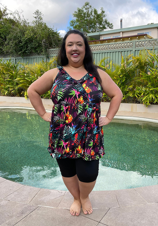 Plus Size Sleeveless Swim Dress In Palm Leaf Colour