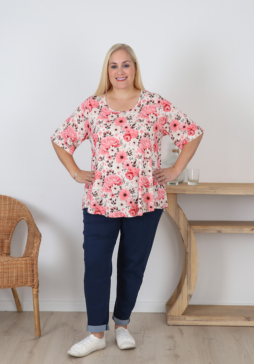 Plus Size Scoop Neck Stretch Top In Pink Flowers