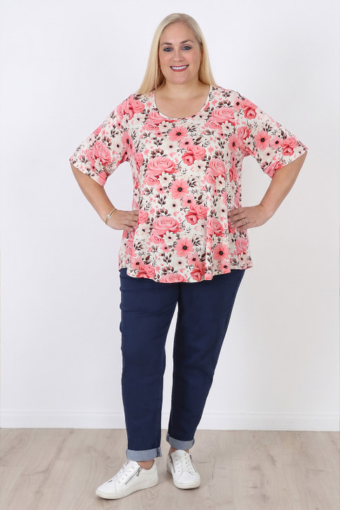 Plus Size Pink Floral Stretch Scoop Neck Top