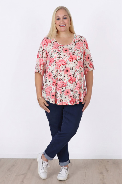 Plus Size Pink Floral Stretch Scoop Neck Top