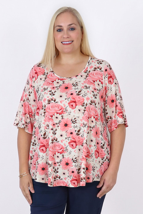 Pink Floral Stretch Scoop Neck Top