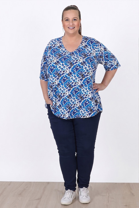 Plus Size V Neck Stretch Top In Blue And White in Sizes 18 to 32