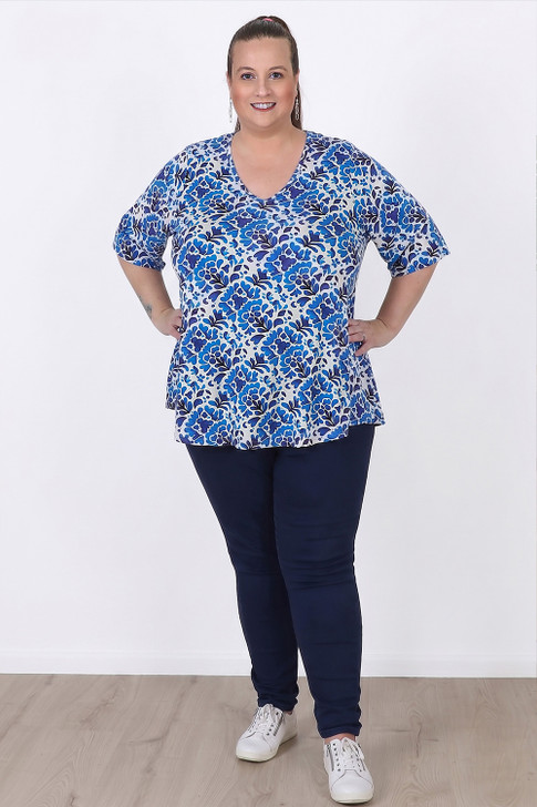 Plus Size V Neck Stretch Top In Blue And White