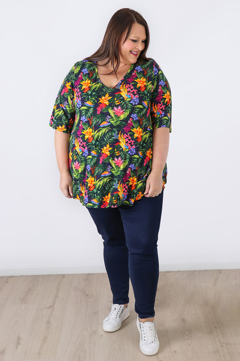 Plus Size V Neck Stretch Top In Tropical Blooms in Sizes 18 to 32