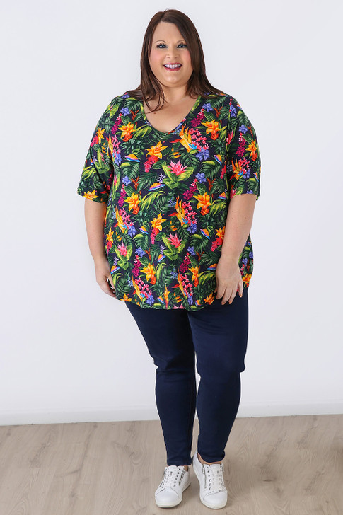 Plus Size V Neck Stretch Top In Tropical Blooms