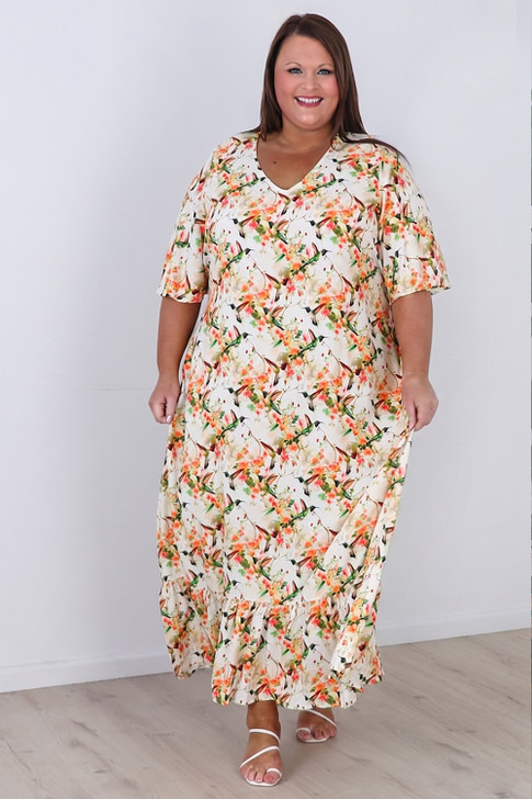 Plus Size Tie Waist Maxi Dress In Hummingbird Print