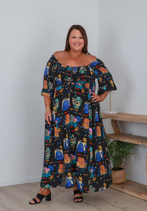 Plus Size Shirred Bust Maxi Dress In Tribal Bird Motif