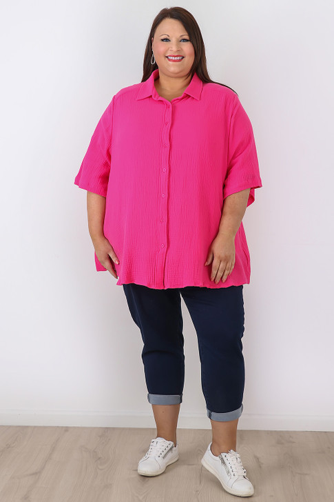 Textured Cotton Short Sleeve Hot Pink Shirt