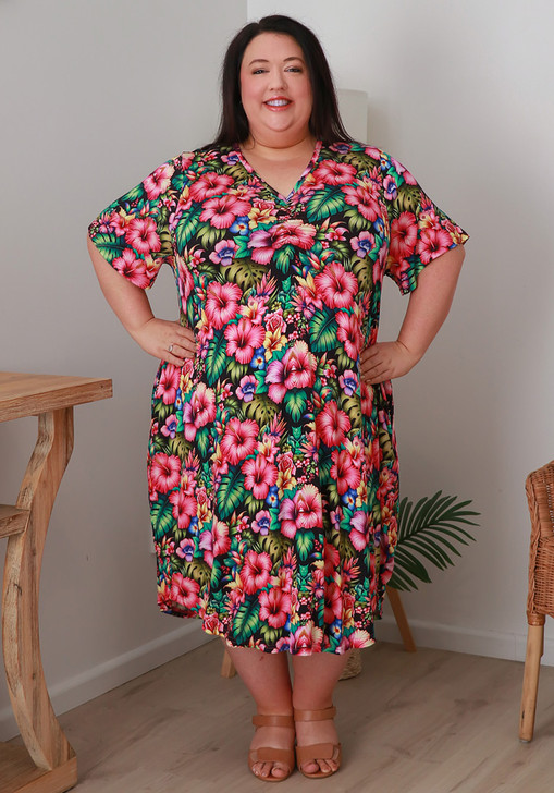 Short Sleeve Hibiscus Floral Dress