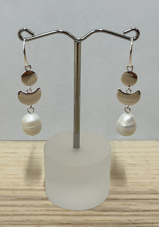 Crescent And Pearl Drop Earrings In Silver