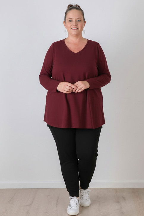 Plus Size Long Sleeve Cotton Top In Burgundy