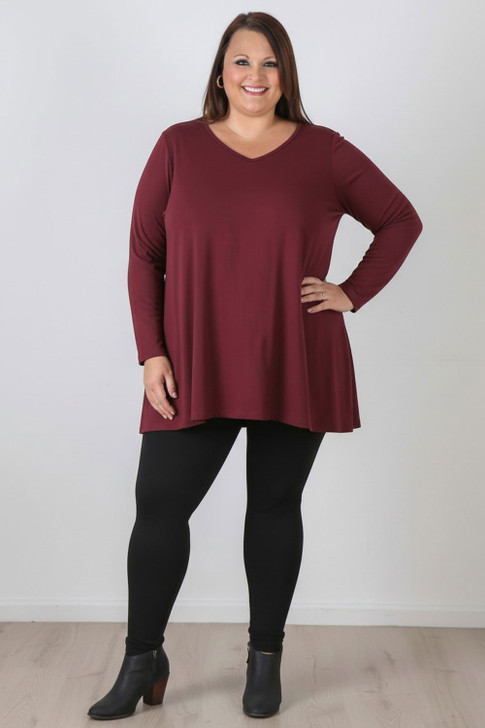 Plus Size Long Sleeve Cotton Top In Burgundy