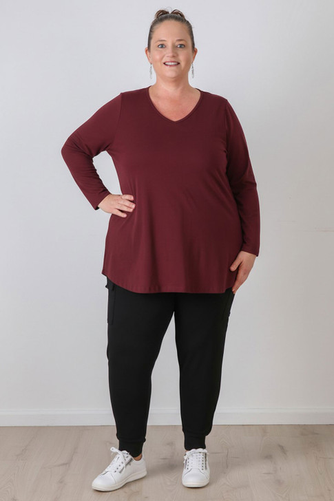 Plus Size Long Sleeve Cotton Top In Burgundy