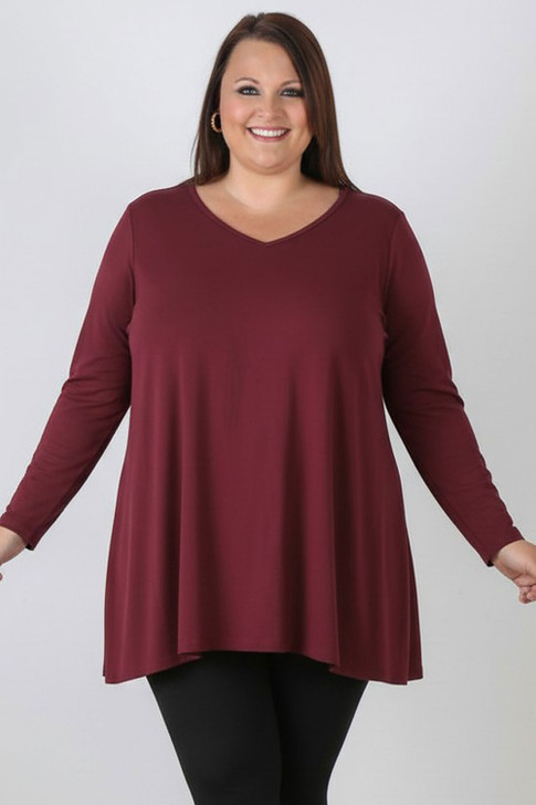 Long Sleeve Cotton Top In Burgundy