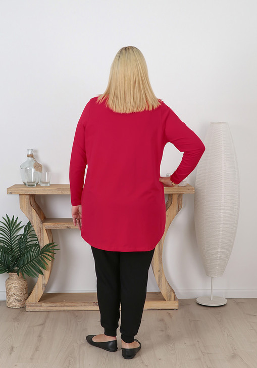 Plus Size Long Sleeve Cotton Top In Red 