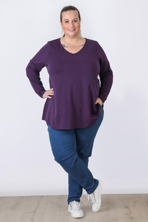 Plus Size Long Sleeve Purple Cotton Top