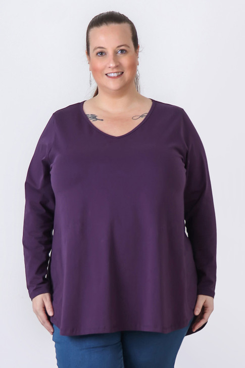 Purple Stretch Cotton Top With V Neck