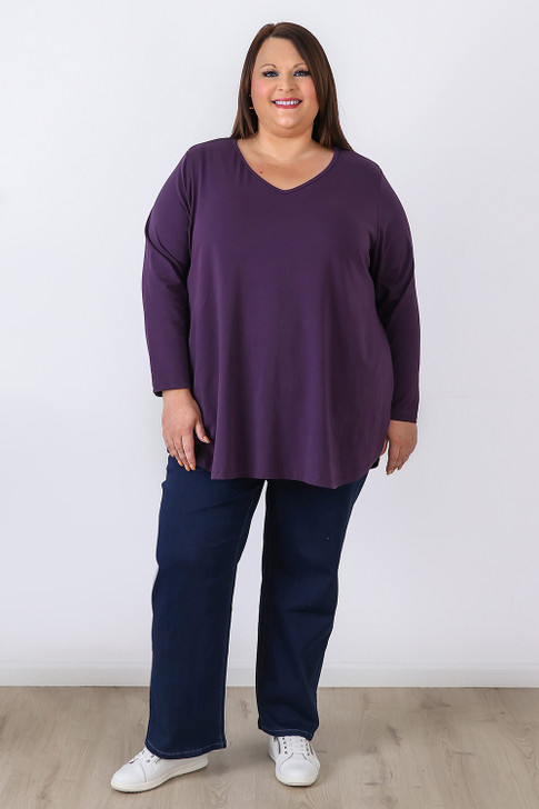Plus Size Long Sleeve Stretch Cotton Purple Top