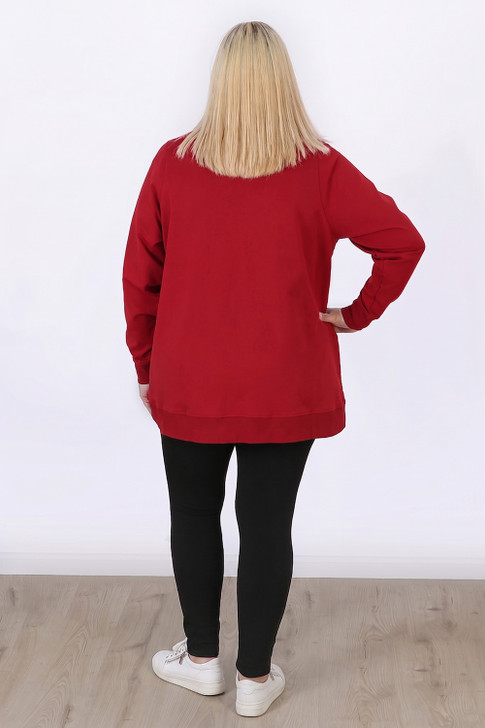 Plus Size Claret Stretch Cotton Zip Neck Jumper