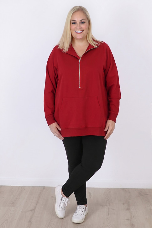 Plus Size Claret Stretch Cotton Zip Neck Jumper Sizes 18 to 32