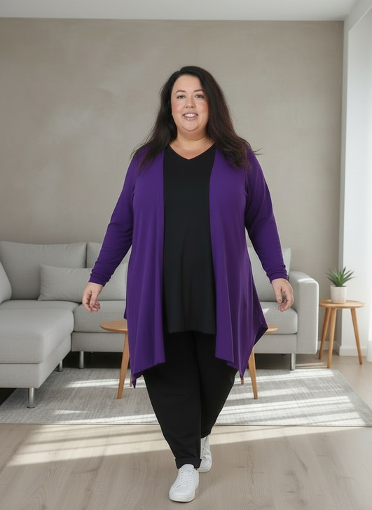Plus Size Purple Short Layer Hanky Hem Cardigan
