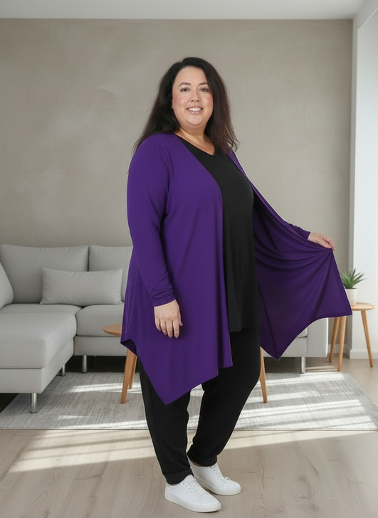 Plus Size Purple Short Layer Hanky Hem Cardigan