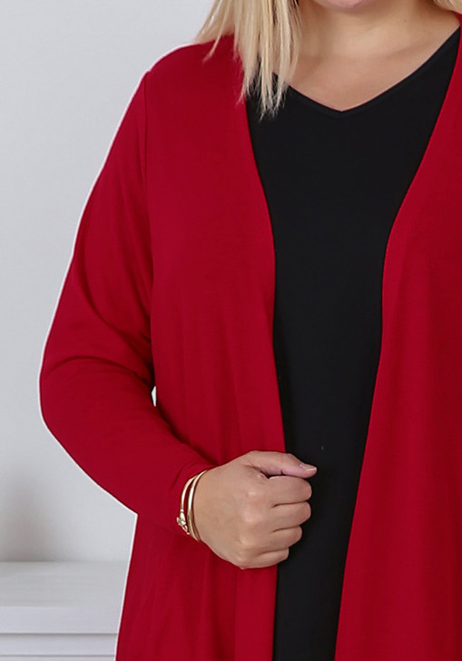 Plus Size Red Short Layer Hanky Hem Cardigan