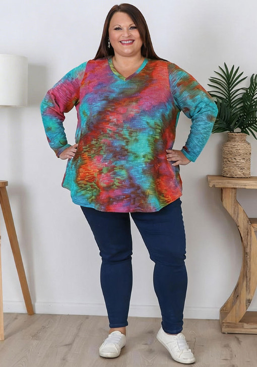 Plus Size Multicolour Knit Top With Orange Accents