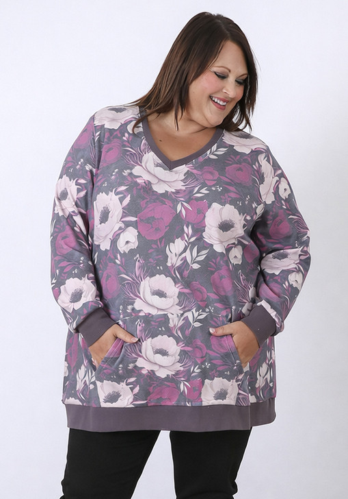 Grey Floral Waffle Oversize Top