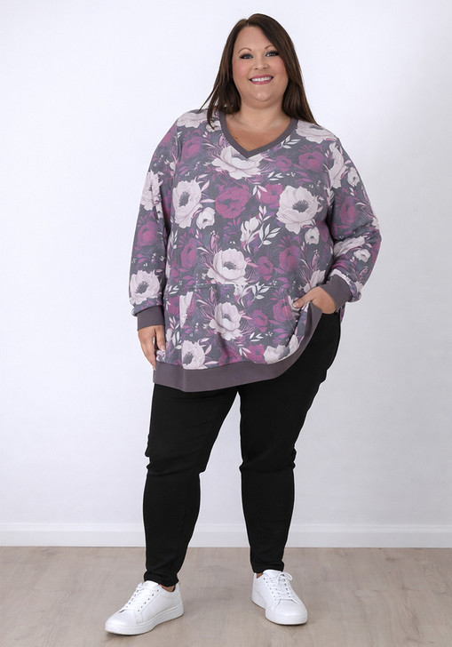 Grey Floral Waffle Oversize Top