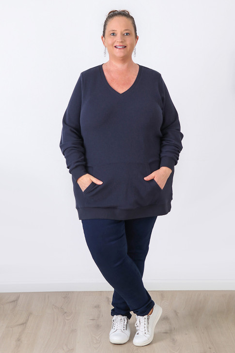 Plus Size Navy Cotton Blend Waffle Oversize Top