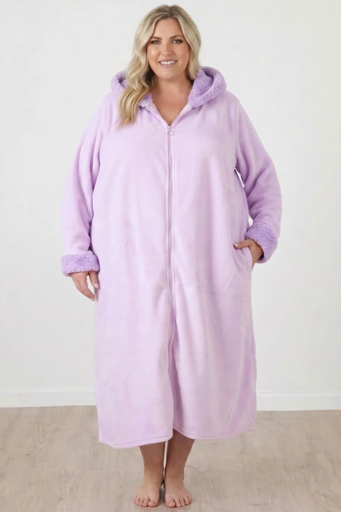 Plus Size Zip Up Soft Dressing Gown In Lilac