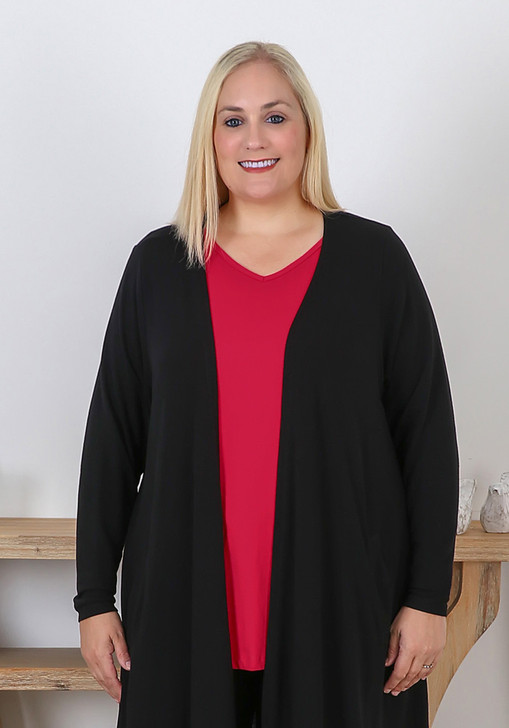 Plus Size Black Long Layer Cardigan with Pockets