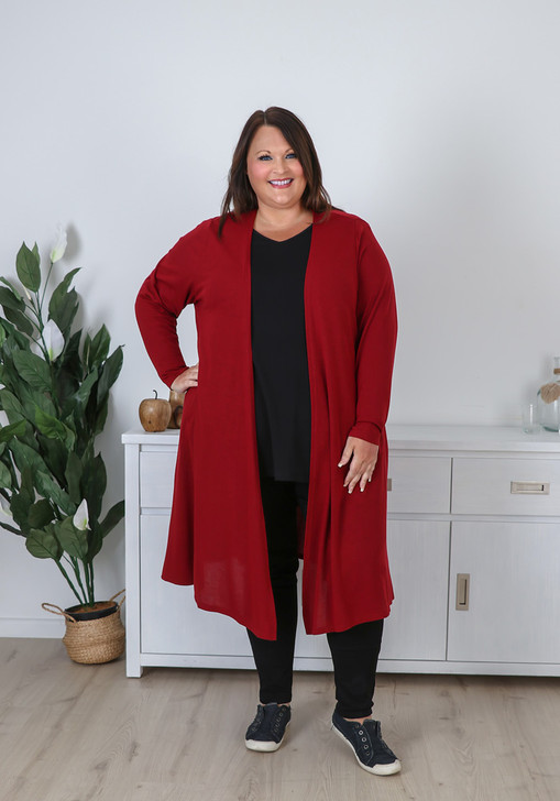 Plus Size Red Long Layer Cardigan with Pockets 