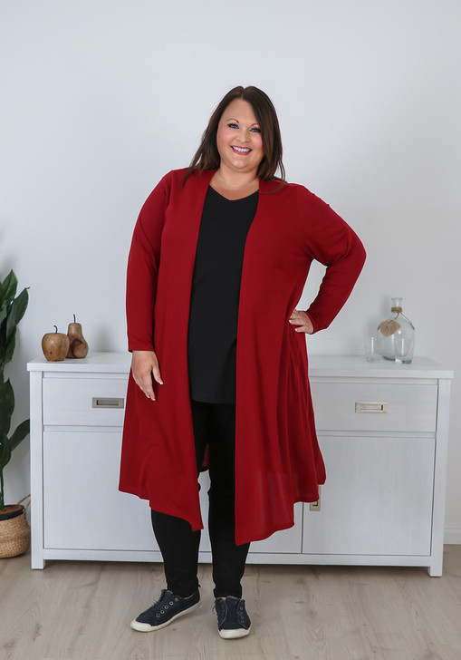 Plus Size Red Open Front Longline Cardigan